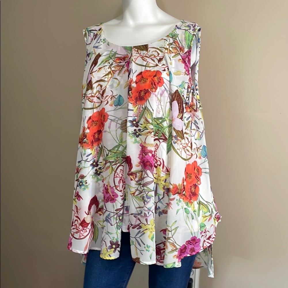 Roz & Ali Red Pink Floral Tunic Blouse Relaxed Fit